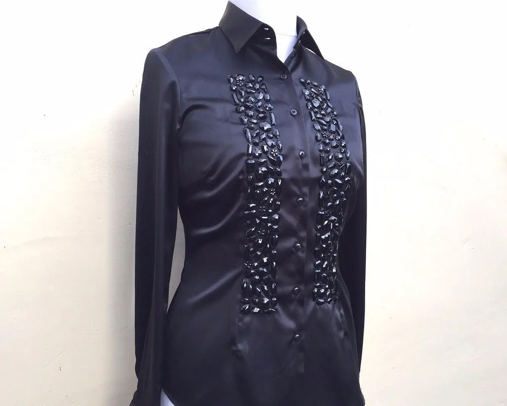 EMBROIDERED BLACK SATIN SHIRT - DOUBLE CUFF