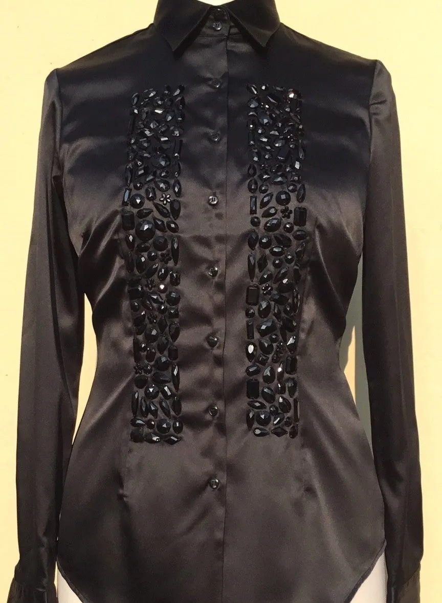 EMBROIDERED BLACK SATIN SHIRT - DOUBLE CUFF