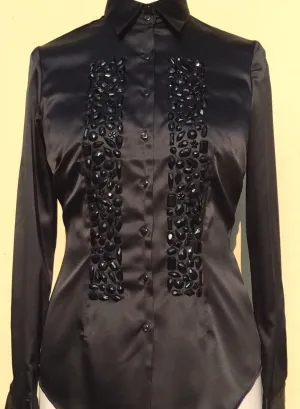 EMBROIDERED BLACK SATIN SHIRT - DOUBLE CUFF