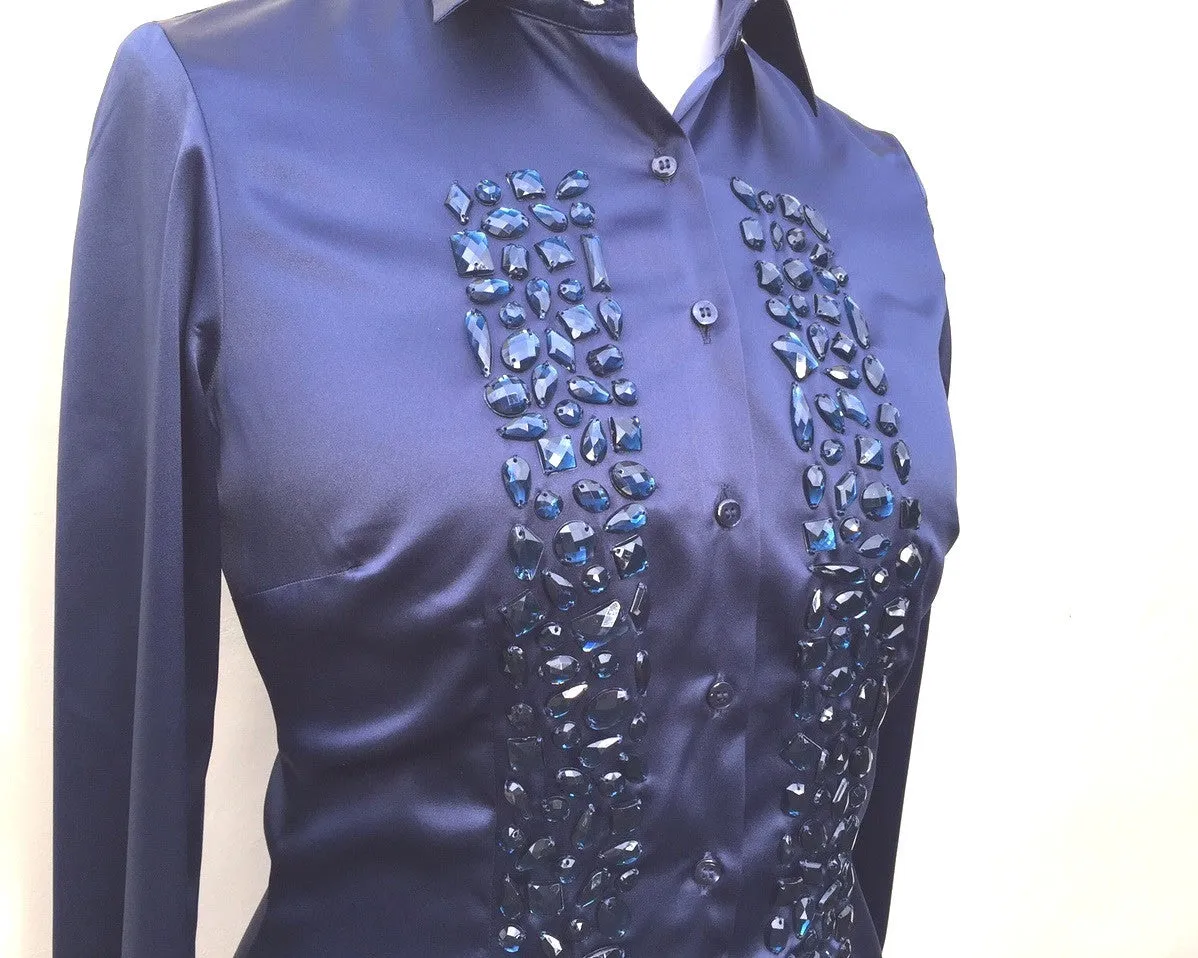 EMBROIDERED BLUE SATIN SHIRT - DOUBLE CUFF