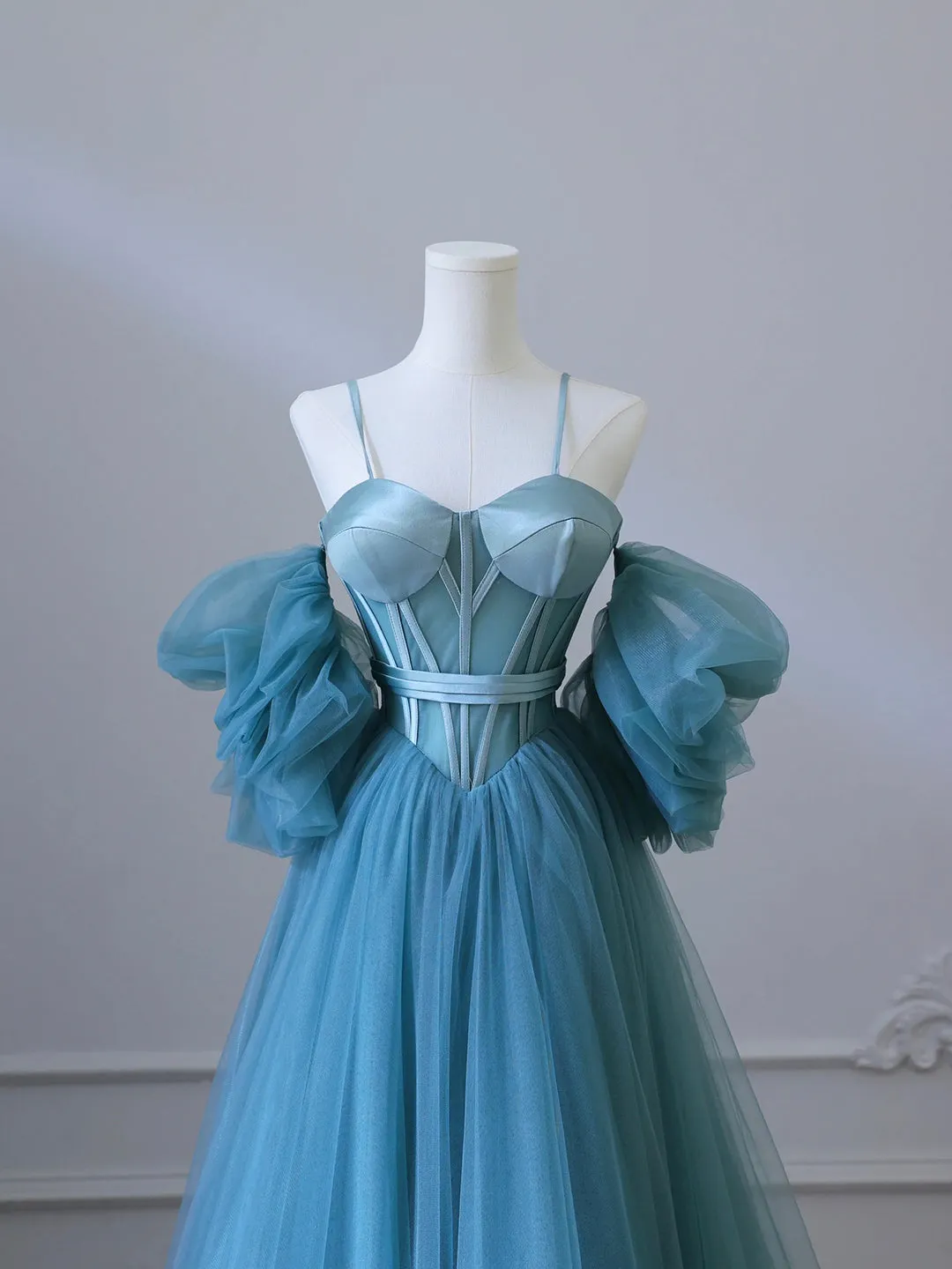 Fairy Blue Spaghetti Straps Corset Tulle Prom Dress Detachable off Shoulder Party Dress