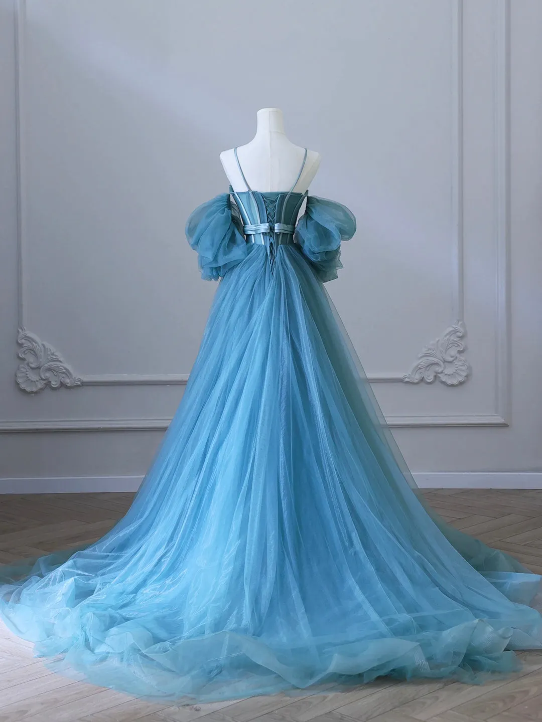 Fairy Blue Spaghetti Straps Corset Tulle Prom Dress Detachable off Shoulder Party Dress