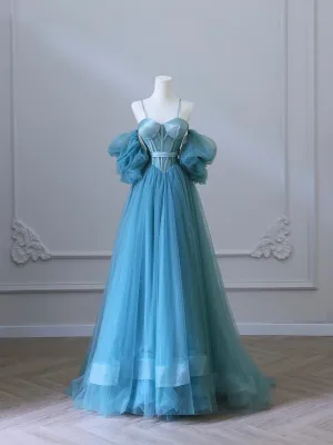 Fairy Blue Spaghetti Straps Corset Tulle Prom Dress Detachable off Shoulder Party Dress