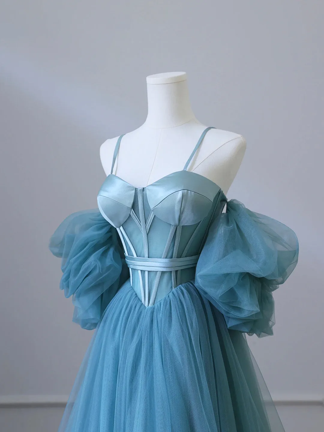 Fairy Blue Spaghetti Straps Corset Tulle Prom Dress Detachable off Shoulder Party Dress