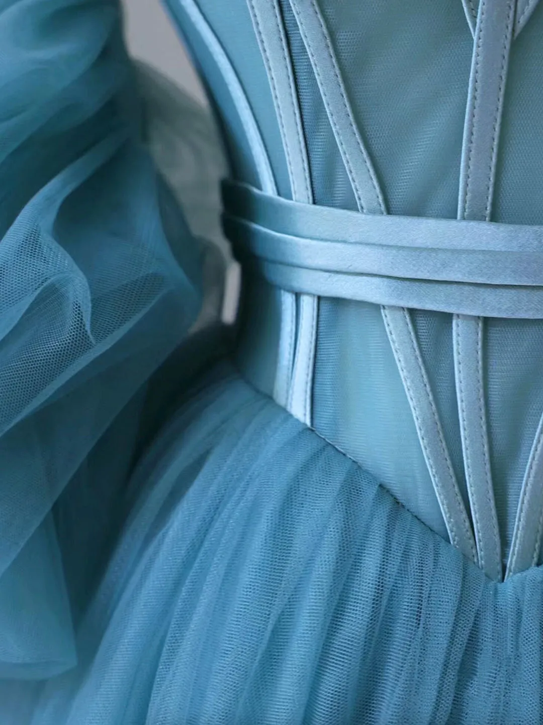 Fairy Blue Spaghetti Straps Corset Tulle Prom Dress Detachable off Shoulder Party Dress