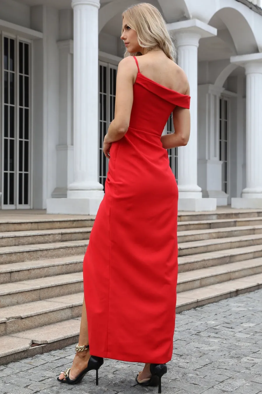 Fairytale Prom Dress, One-Shoulder Sleeveless Slit Pleated Ankle Length Evening Dress 90s Inspiration