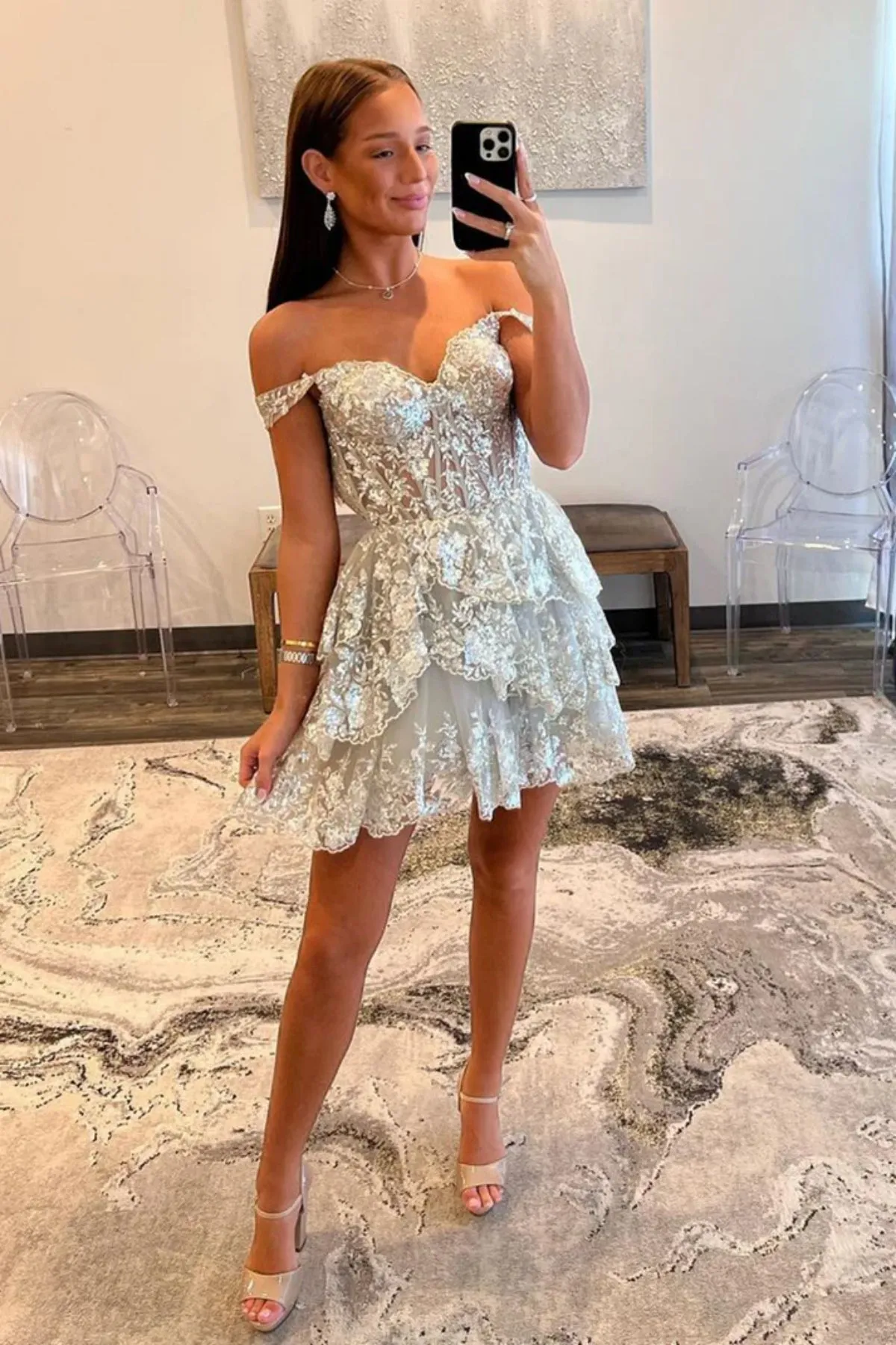 Fashion Off the Shoulder Silver Lace Short Prom Dress, Layered Silver Lace Homecoming Dress, Silver Formal Evening Dress A2139