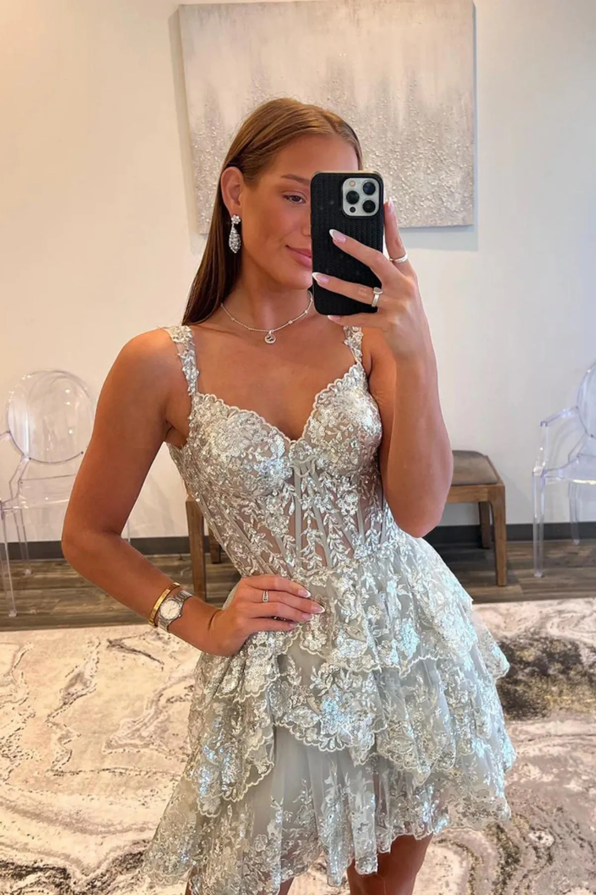 Fashion Off the Shoulder Silver Lace Short Prom Dress, Layered Silver Lace Homecoming Dress, Silver Formal Evening Dress A2139