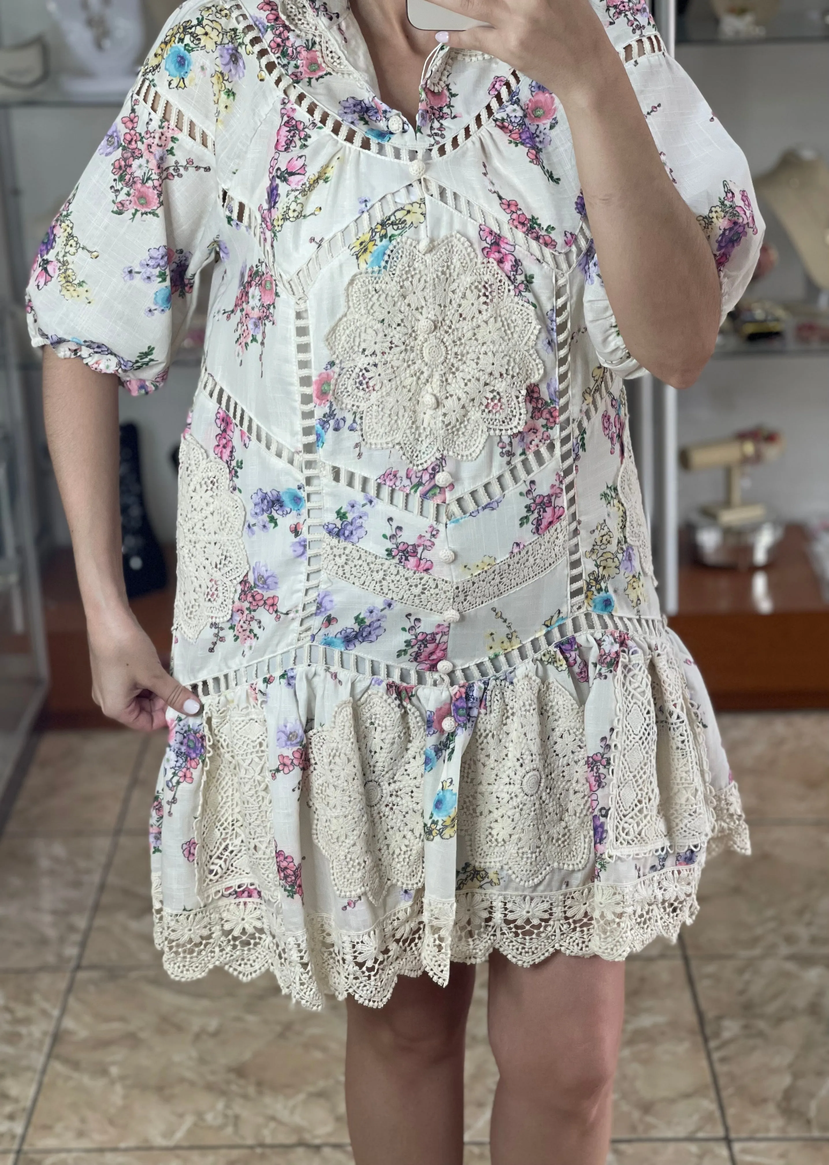 Floral with Crochet Details Short Dress