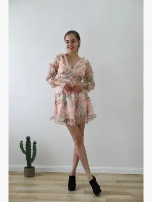 Flroal Print Short Sleeve Chiffon Dress FK0523