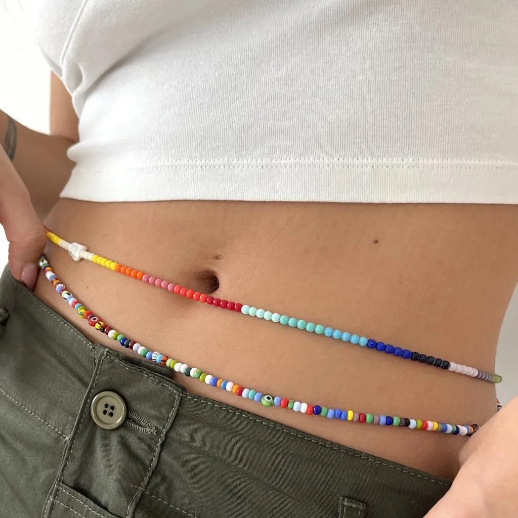 Freshwater Pearl Charm Rainbow Spectrum Glass Bead Belly Chain