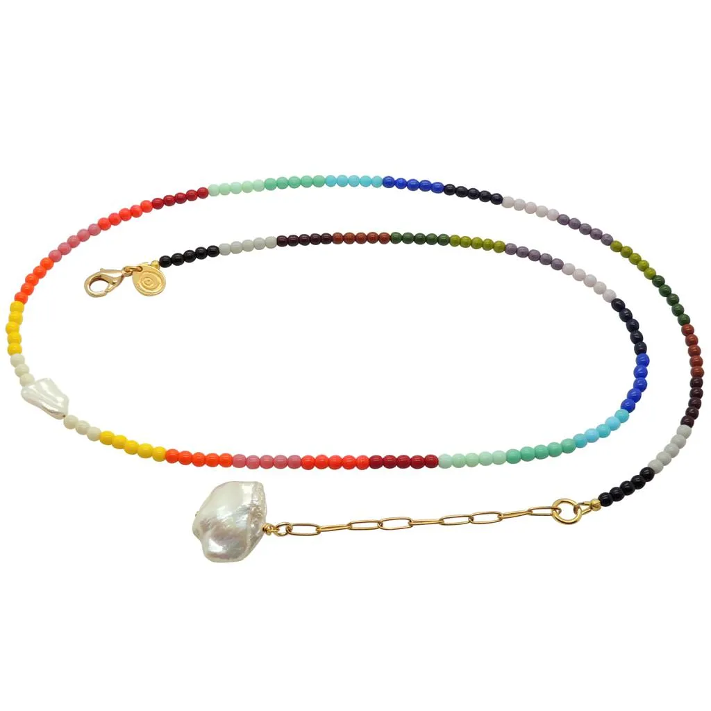 Freshwater Pearl Charm Rainbow Spectrum Glass Bead Belly Chain