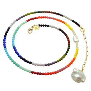 Freshwater Pearl Charm Rainbow Spectrum Glass Bead Belly Chain