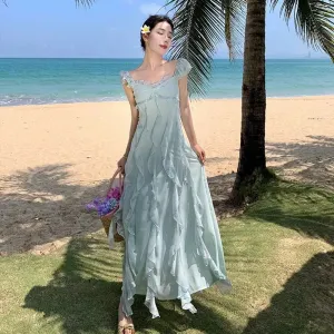 Girlary French Pure Ruffled Sleeveless Dress for Women's New High-end and Gentle Fairy Style Seaside Vacation Long Dress