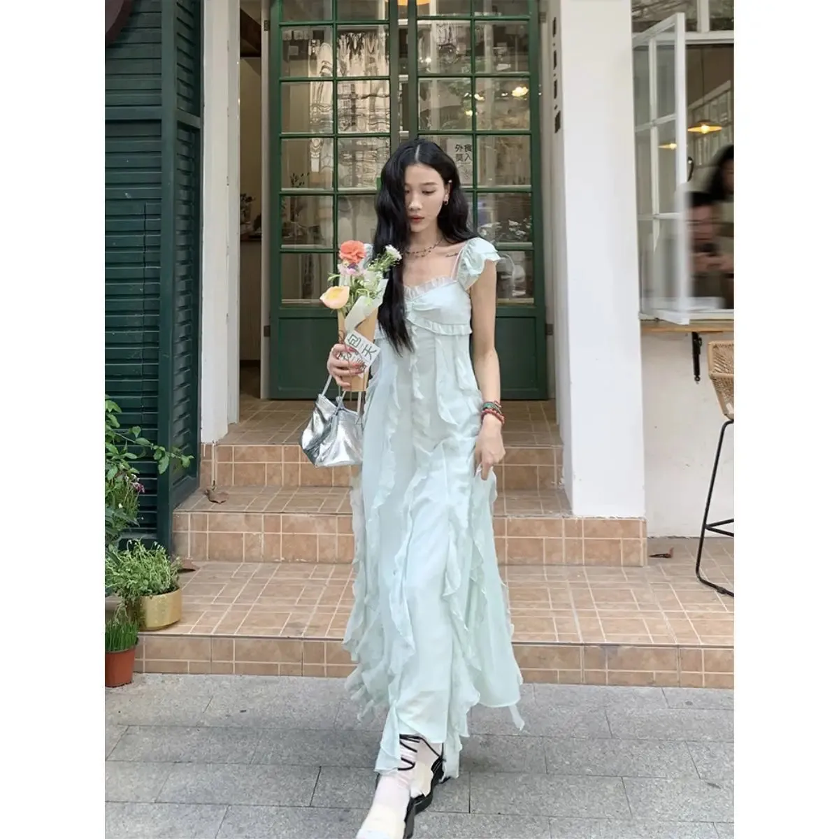 Girlary French Pure Ruffled Sleeveless Dress for Women's New High-end and Gentle Fairy Style Seaside Vacation Long Dress