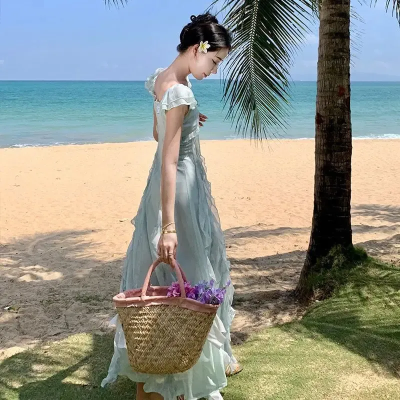 Girlary French Pure Ruffled Sleeveless Dress for Women's New High-end and Gentle Fairy Style Seaside Vacation Long Dress