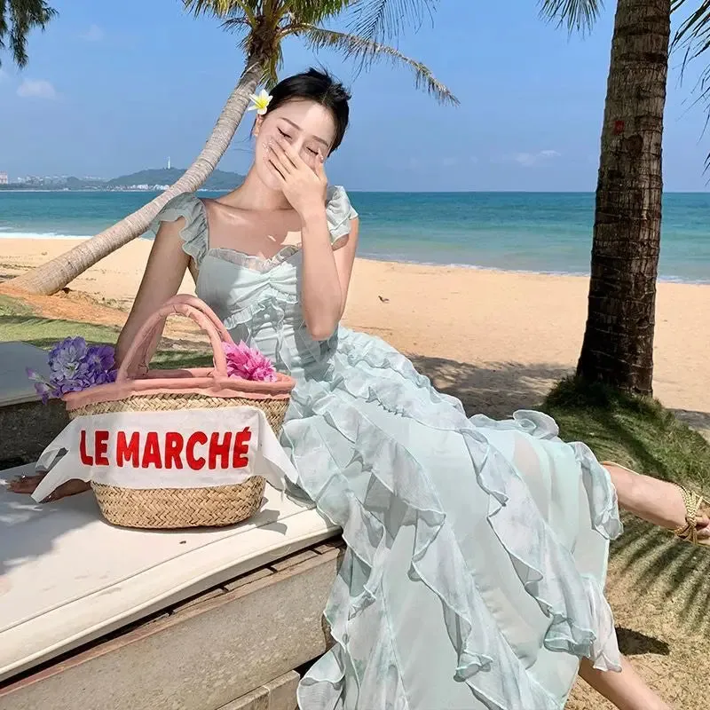 Girlary French Pure Ruffled Sleeveless Dress for Women's New High-end and Gentle Fairy Style Seaside Vacation Long Dress