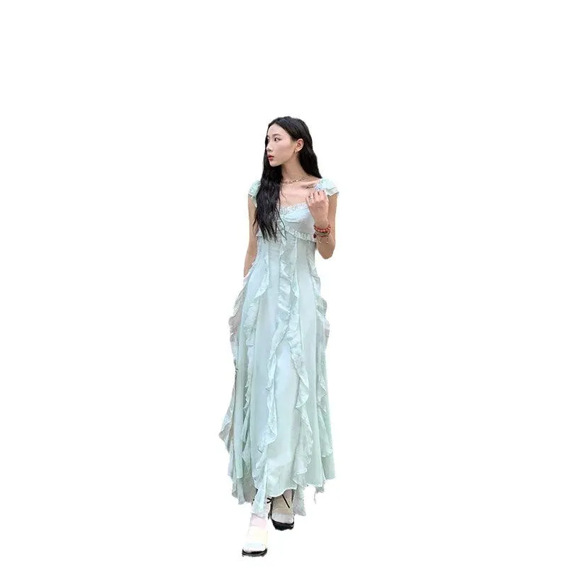 Girlary French Pure Ruffled Sleeveless Dress for Women's New High-end and Gentle Fairy Style Seaside Vacation Long Dress