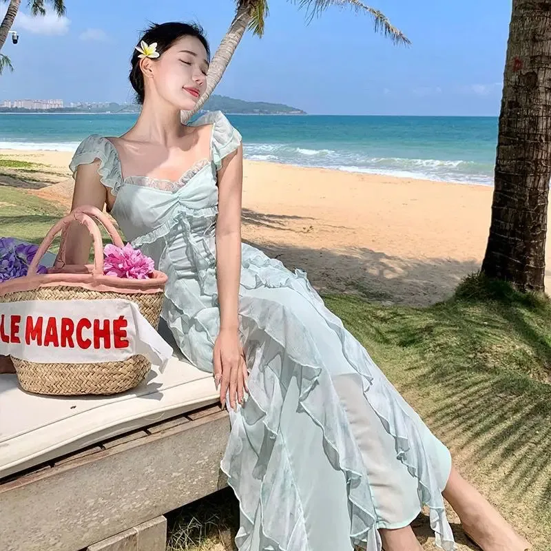 Girlary French Pure Ruffled Sleeveless Dress for Women's New High-end and Gentle Fairy Style Seaside Vacation Long Dress