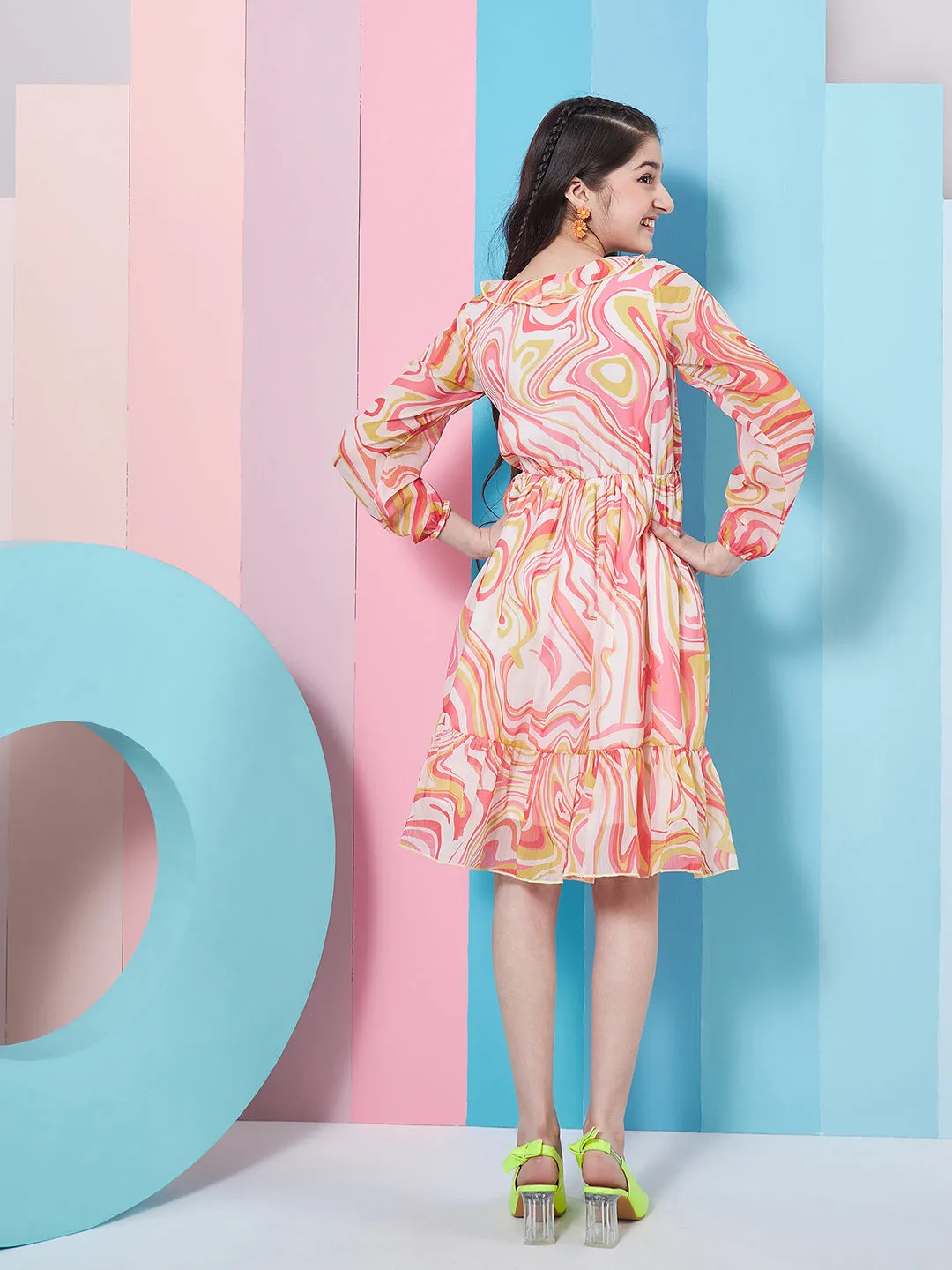 Girls V-Neck Cuffed Sleeves Floral Print Fit Flare Dress - PS Peaches