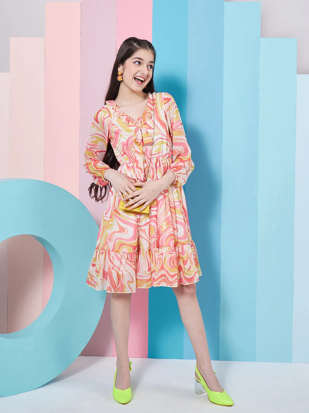 Girls V-Neck Cuffed Sleeves Floral Print Fit Flare Dress - PS Peaches