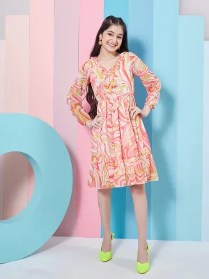 Girls V-Neck Cuffed Sleeves Floral Print Fit Flare Dress - PS Peaches
