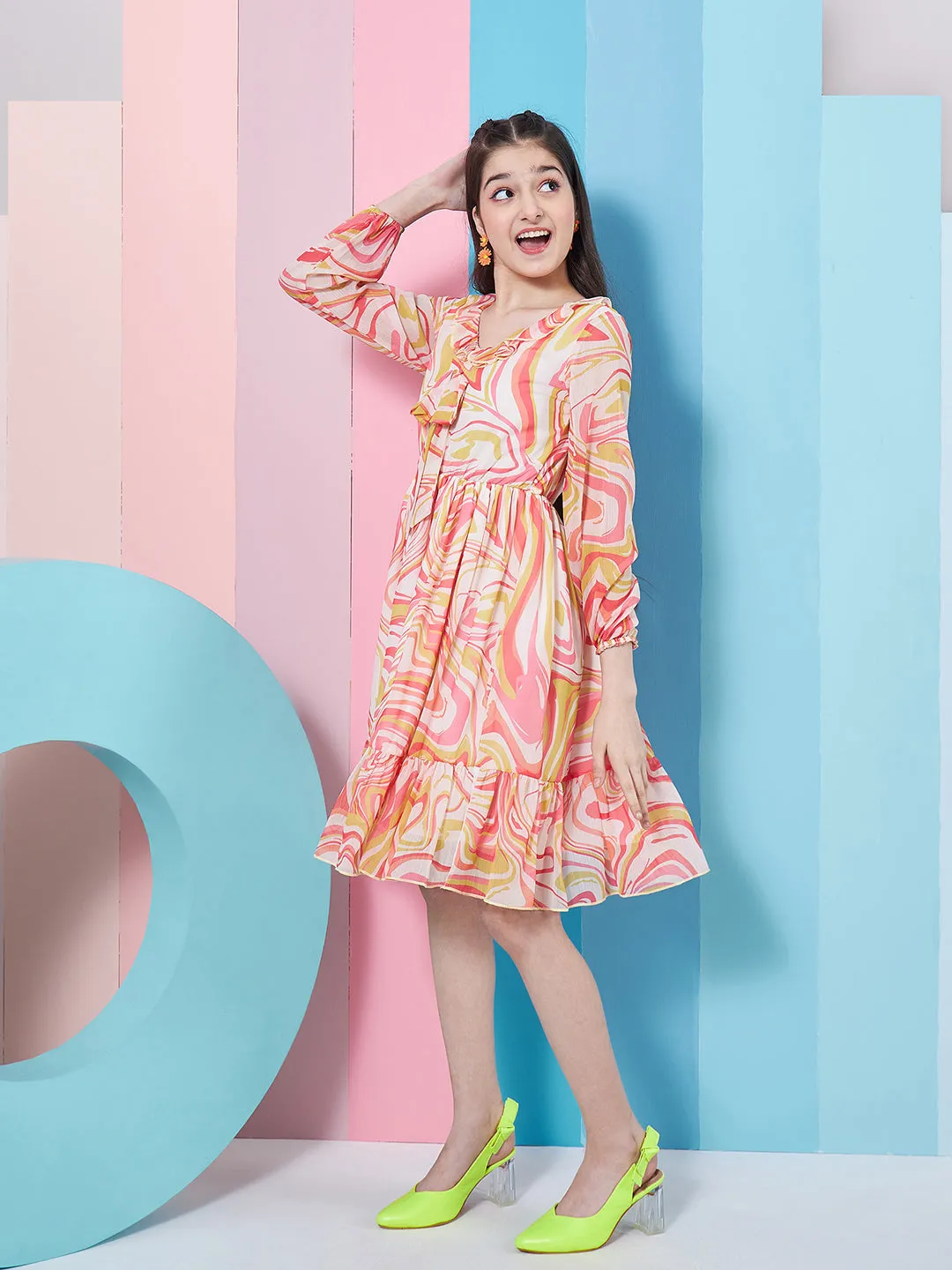 Girls V-Neck Cuffed Sleeves Floral Print Fit Flare Dress - PS Peaches