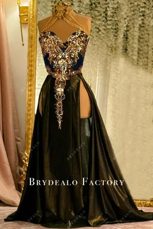 Gold Sequin Embroidery Choker Neck Black Glitter Slits Long Dress