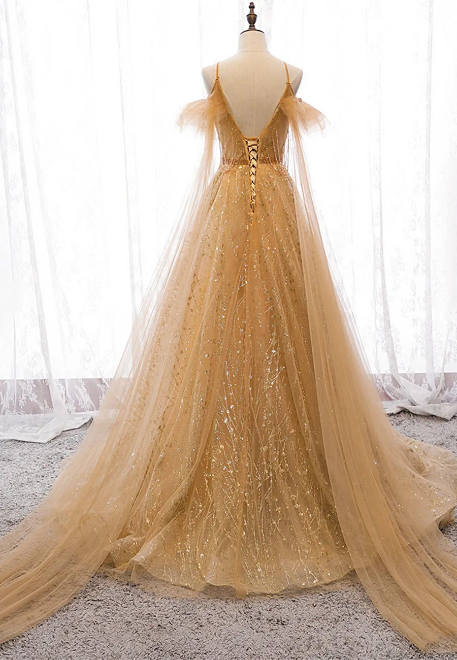 Gold V-Neck Tulle Long Prom Dresses A-Line Evening Dresses