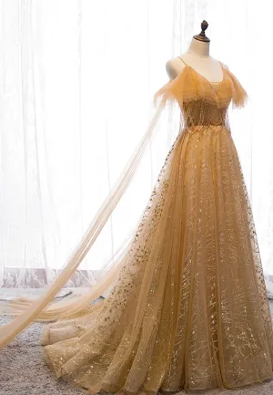 Gold V-Neck Tulle Long Prom Dresses A-Line Evening Dresses