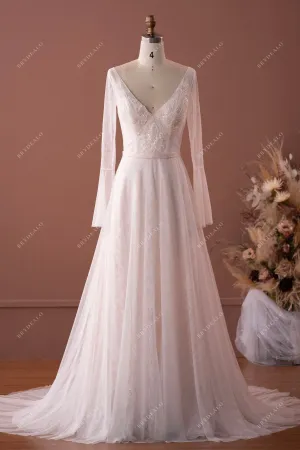 Illusion Sleeved Lace Tulle Boho V-neck Destination Pink Wedding Dress