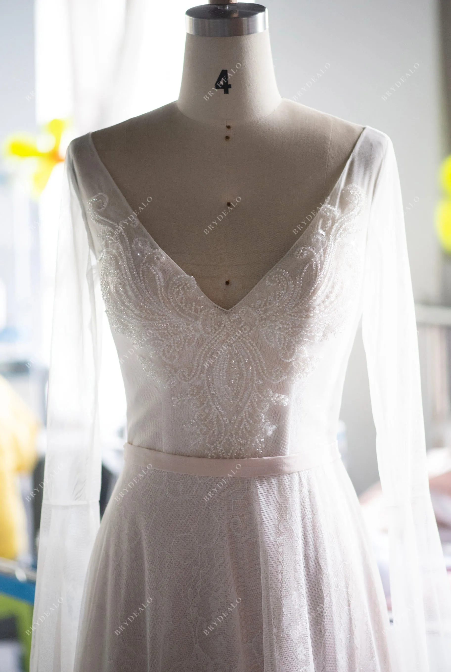 Illusion Sleeved Lace Tulle Boho V-neck Destination Pink Wedding Dress