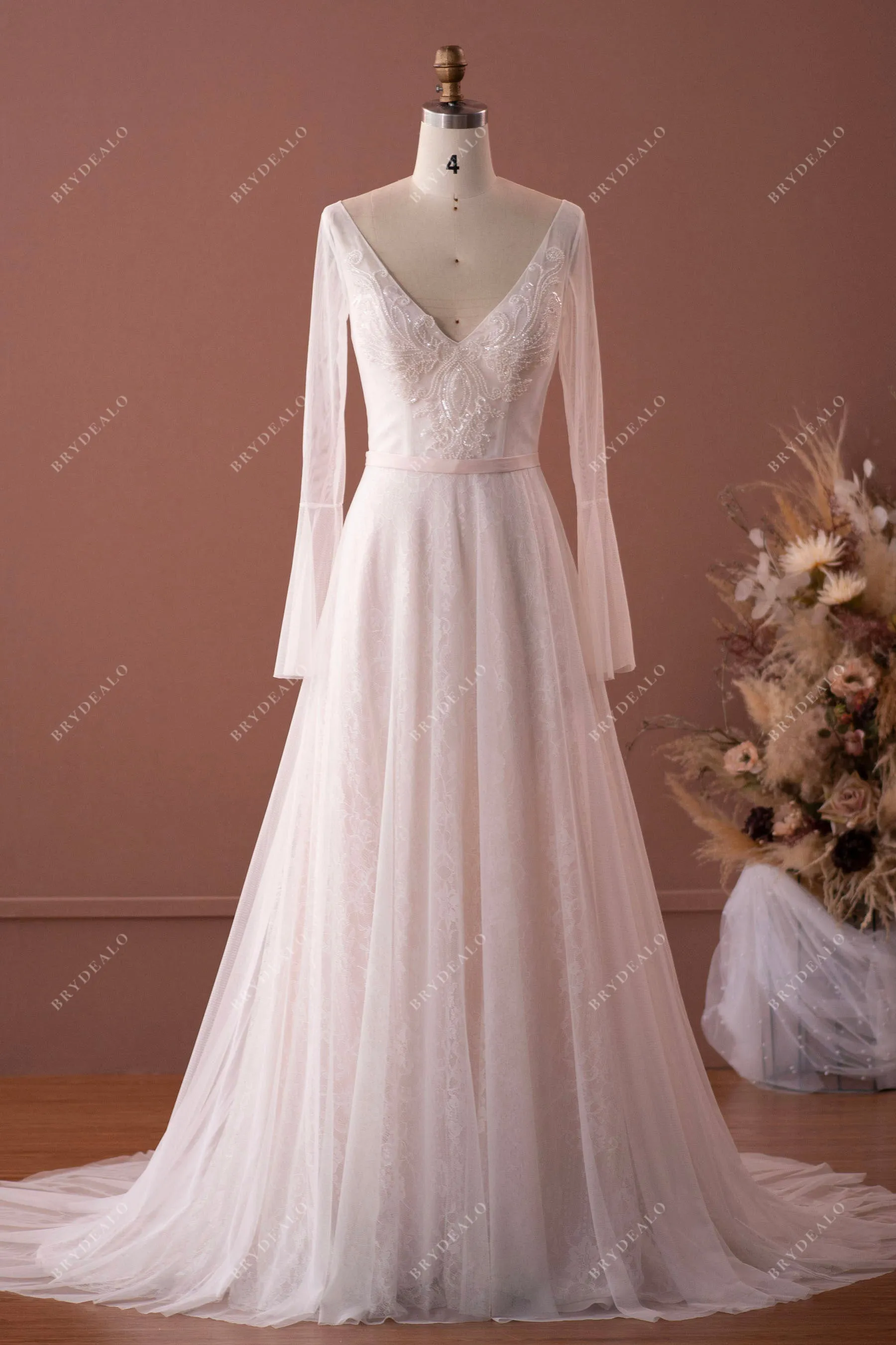 Illusion Sleeved Lace Tulle Boho V-neck Destination Pink Wedding Dress