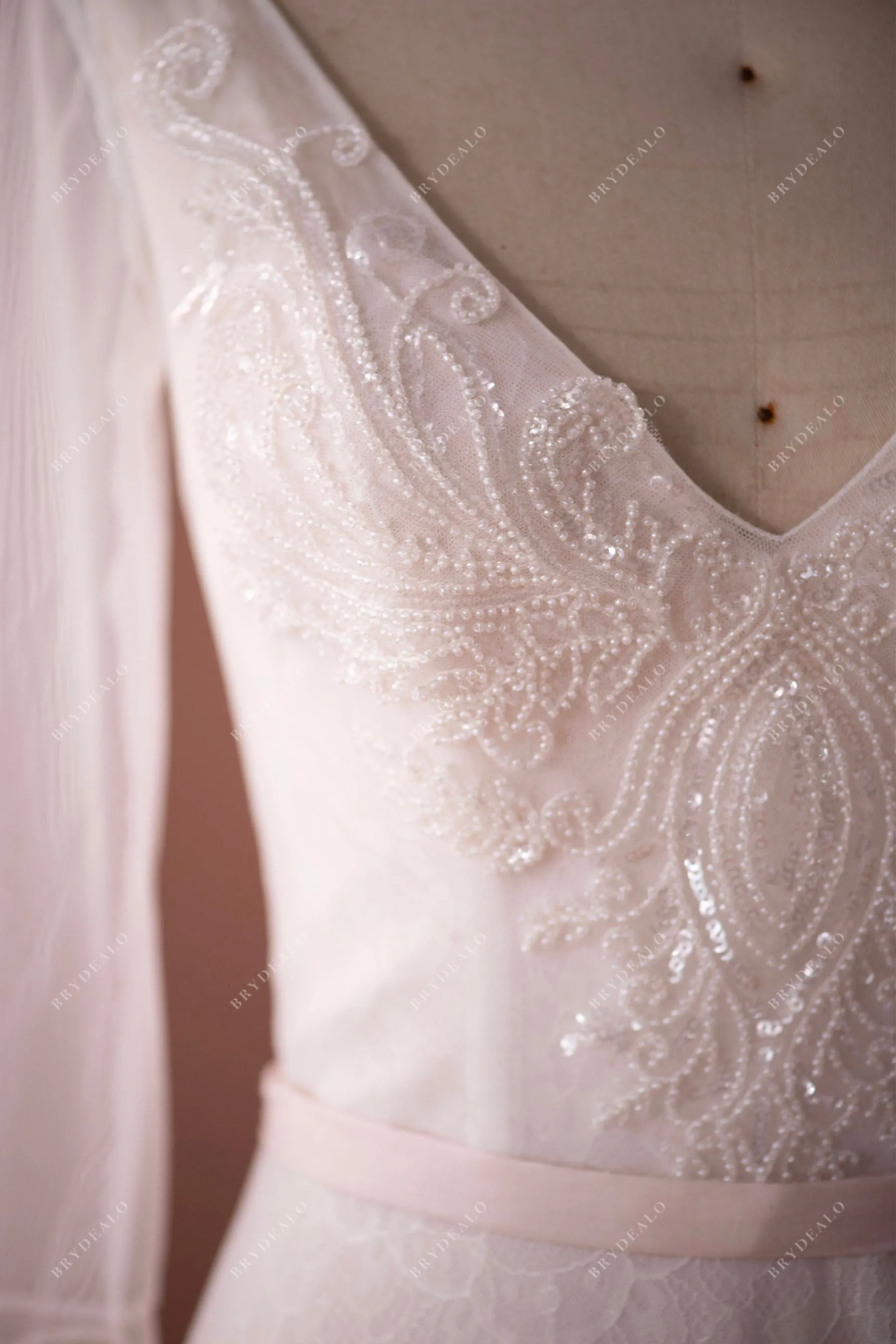 Illusion Sleeved Lace Tulle Boho V-neck Destination Pink Wedding Dress