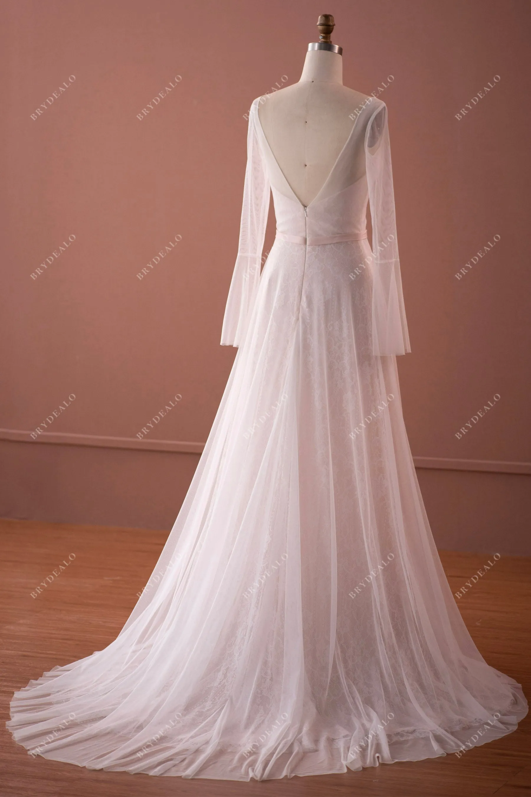 Illusion Sleeved Lace Tulle Boho V-neck Destination Pink Wedding Dress
