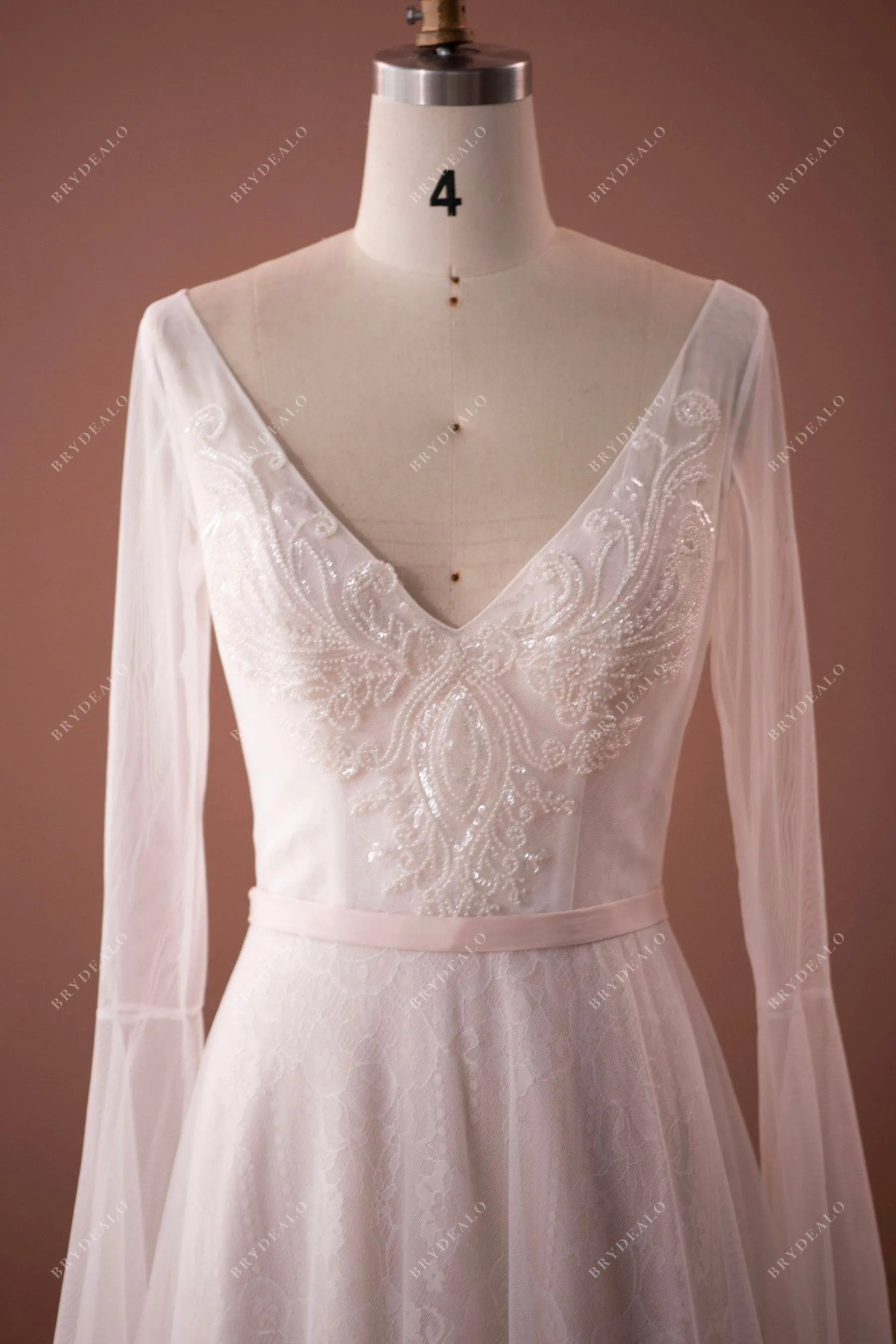 Illusion Sleeved Lace Tulle Boho V-neck Destination Pink Wedding Dress