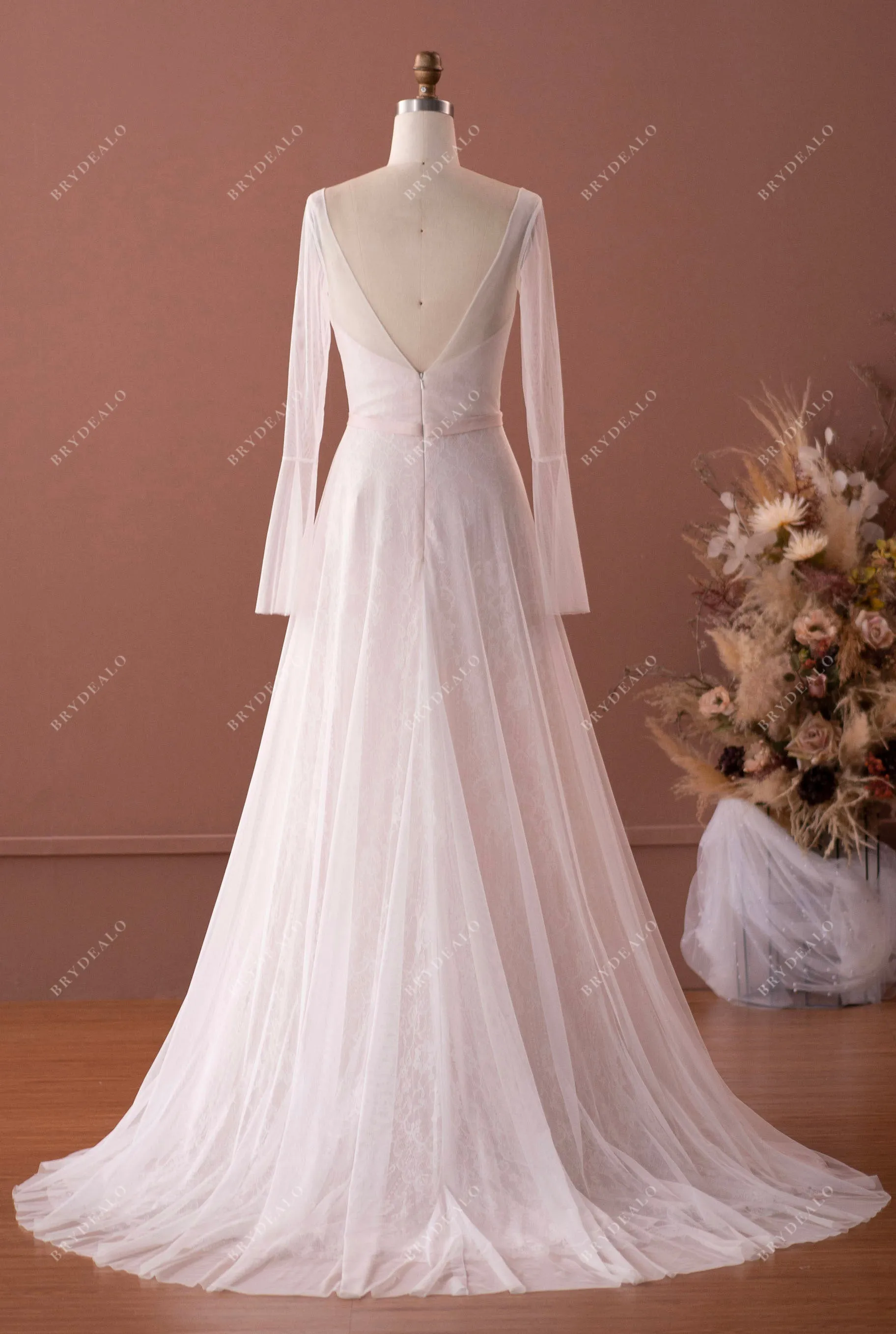 Illusion Sleeved Lace Tulle Boho V-neck Destination Pink Wedding Dress