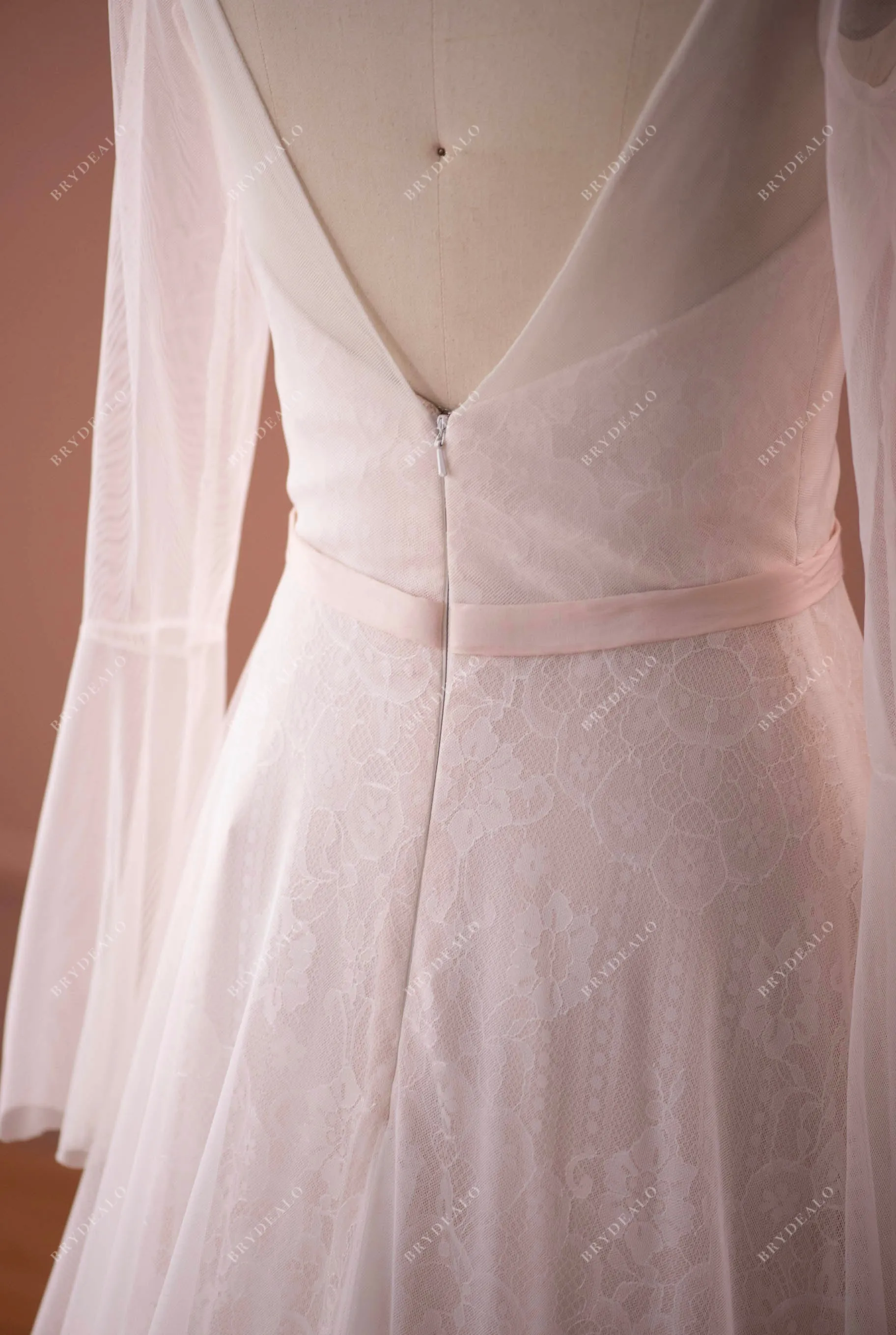 Illusion Sleeved Lace Tulle Boho V-neck Destination Pink Wedding Dress
