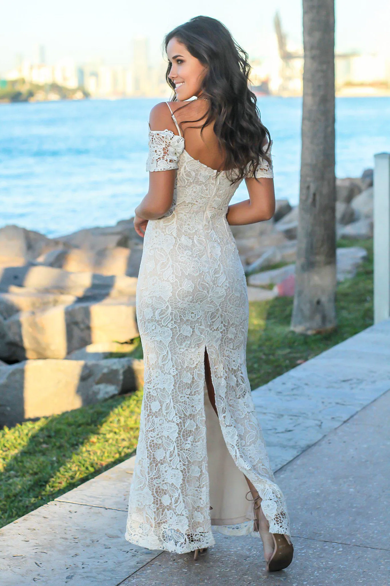 Ivory Crochet Maxi Dress with Gold Detail
