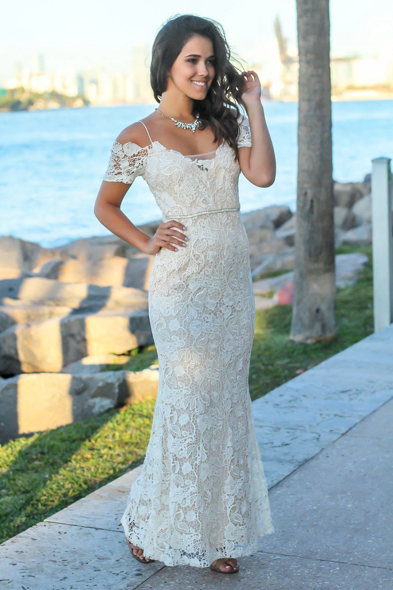 Ivory Crochet Maxi Dress with Gold Detail