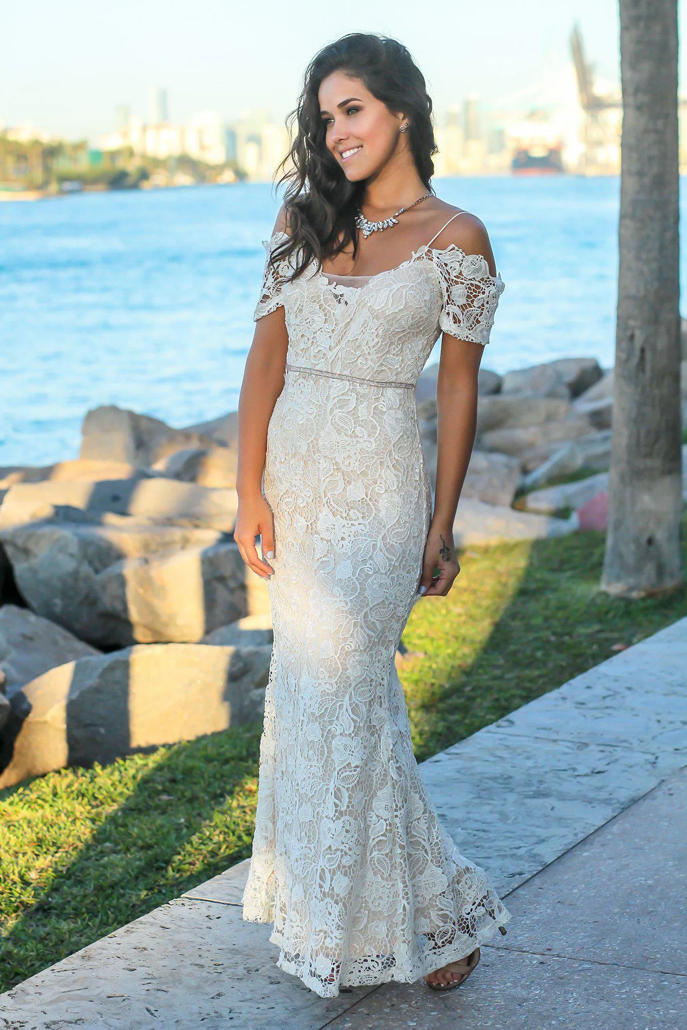 Ivory Crochet Maxi Dress with Gold Detail
