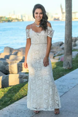 Ivory Crochet Maxi Dress with Gold Detail
