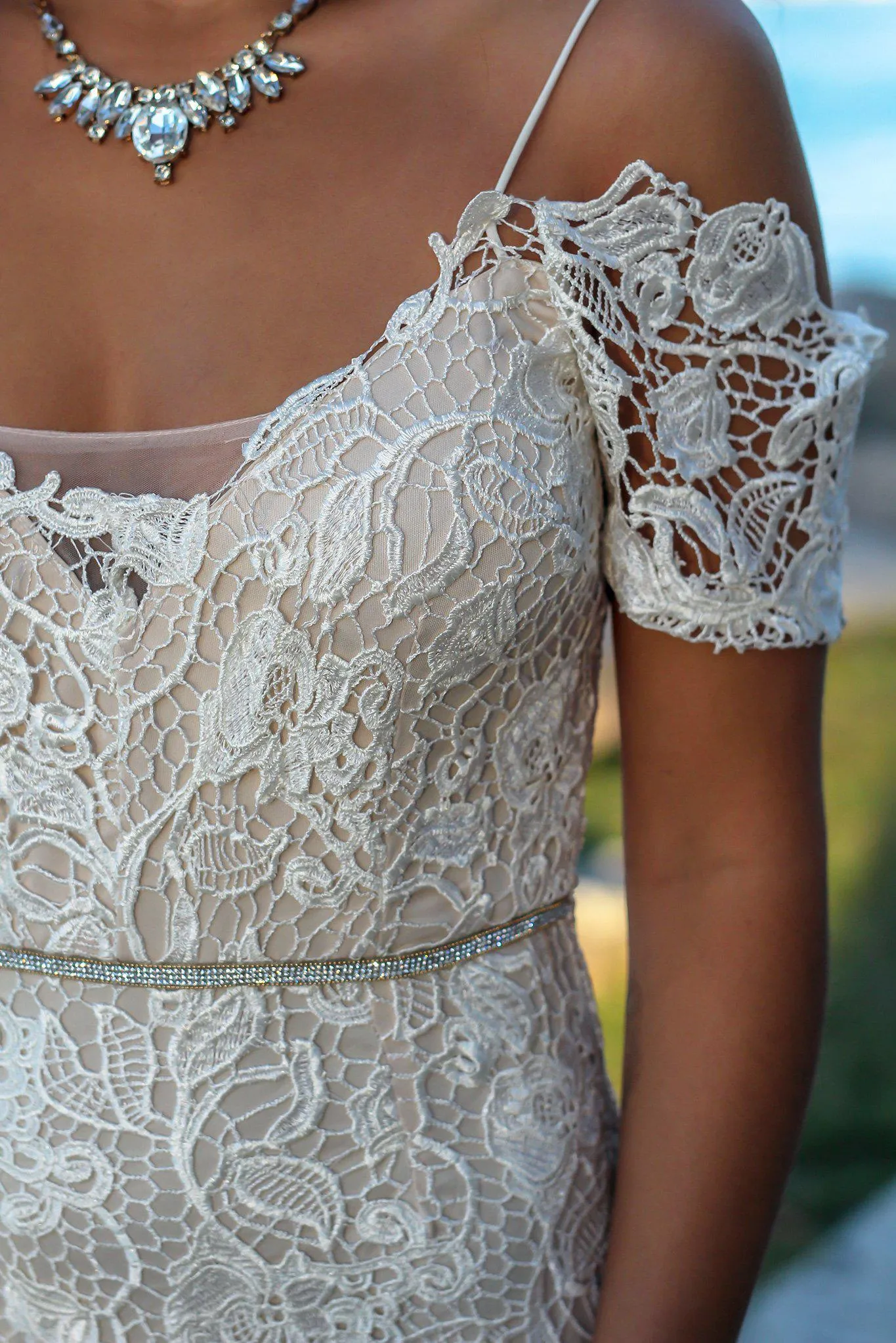Ivory Crochet Maxi Dress with Gold Detail