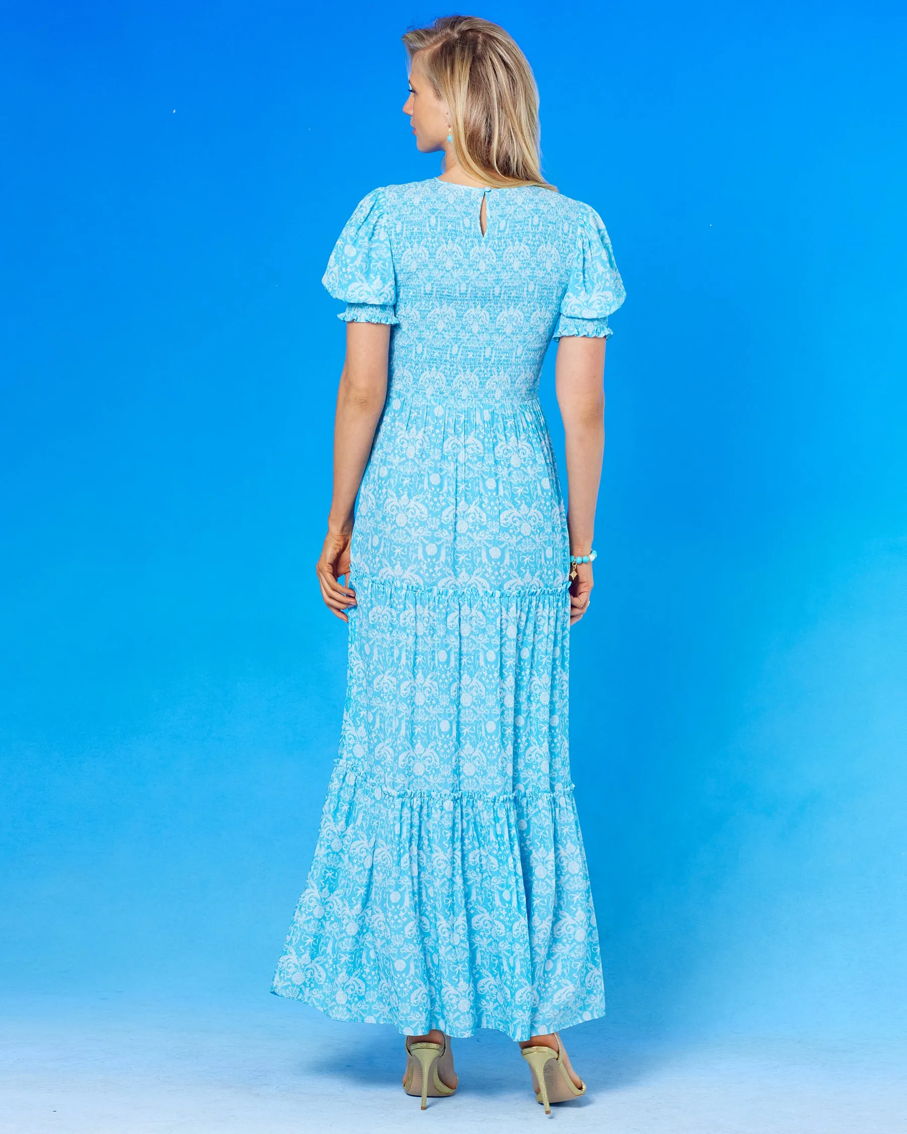 Kitty Puff Sleeve Maxi Dress in Regency Porcelain Ribbons