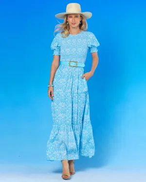 Kitty Puff Sleeve Maxi Dress in Regency Porcelain Ribbons