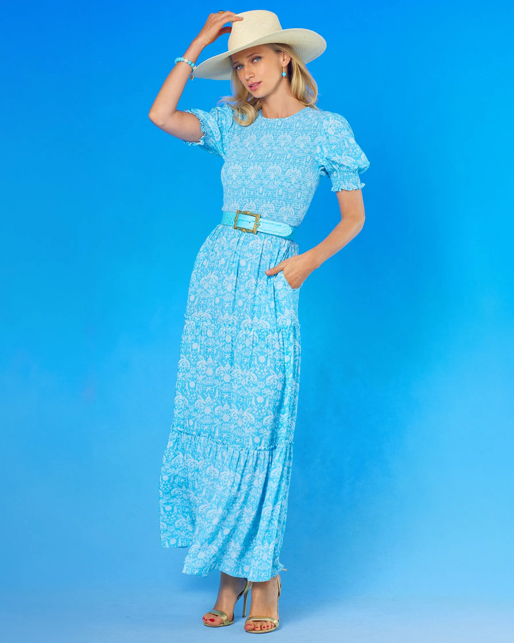 Kitty Puff Sleeve Maxi Dress in Regency Porcelain Ribbons
