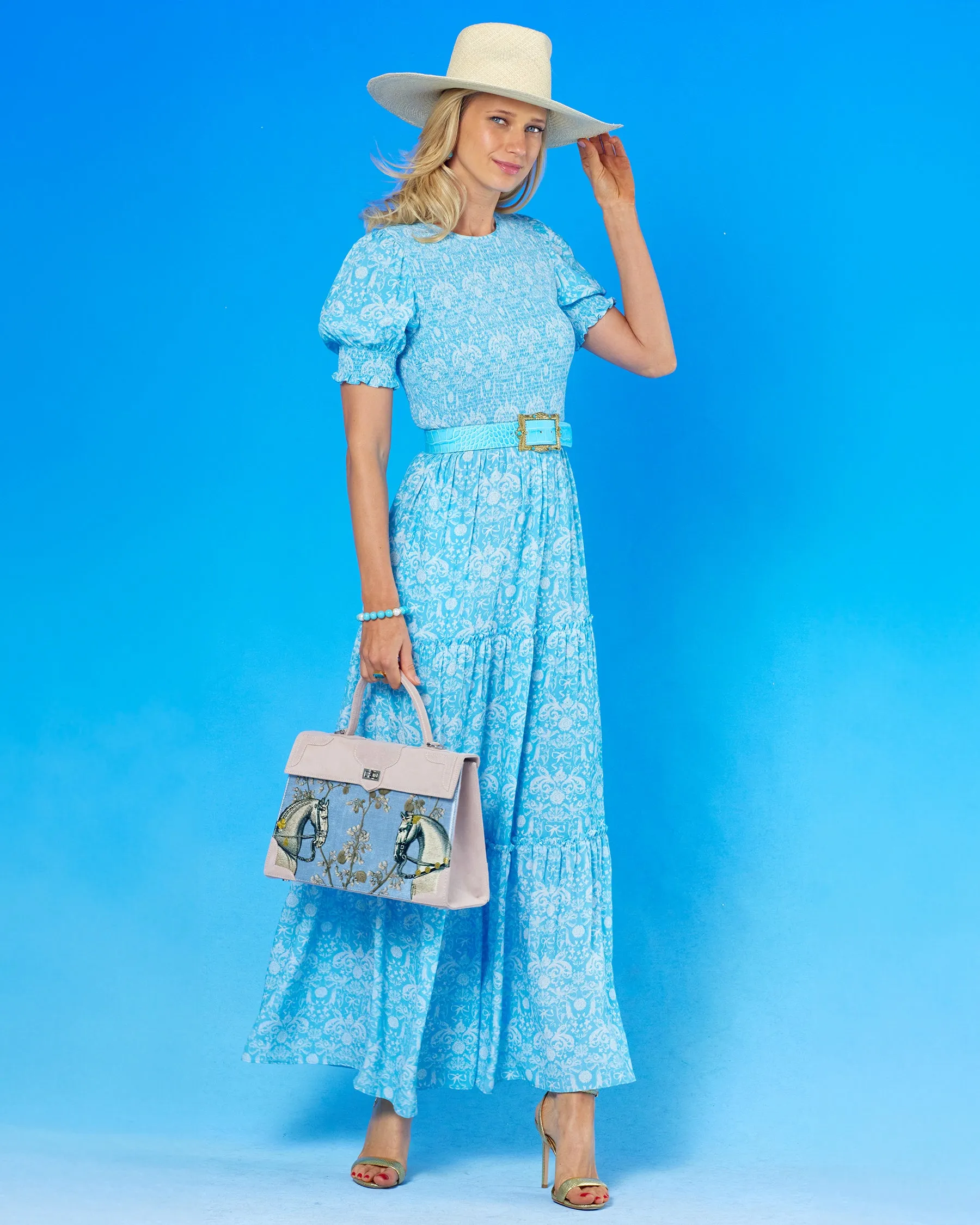 Kitty Puff Sleeve Maxi Dress in Regency Porcelain Ribbons