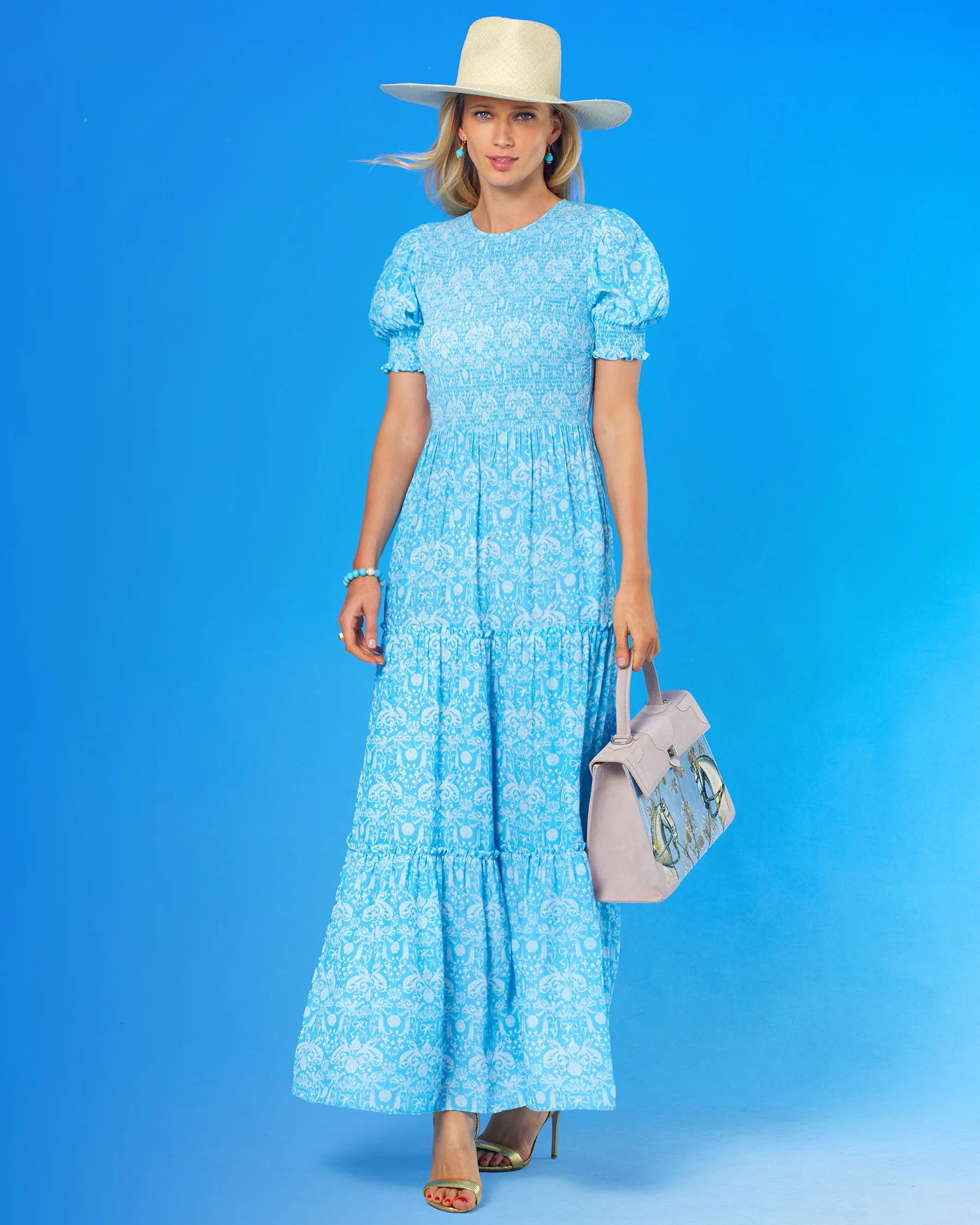 Kitty Puff Sleeve Maxi Dress in Regency Porcelain Ribbons