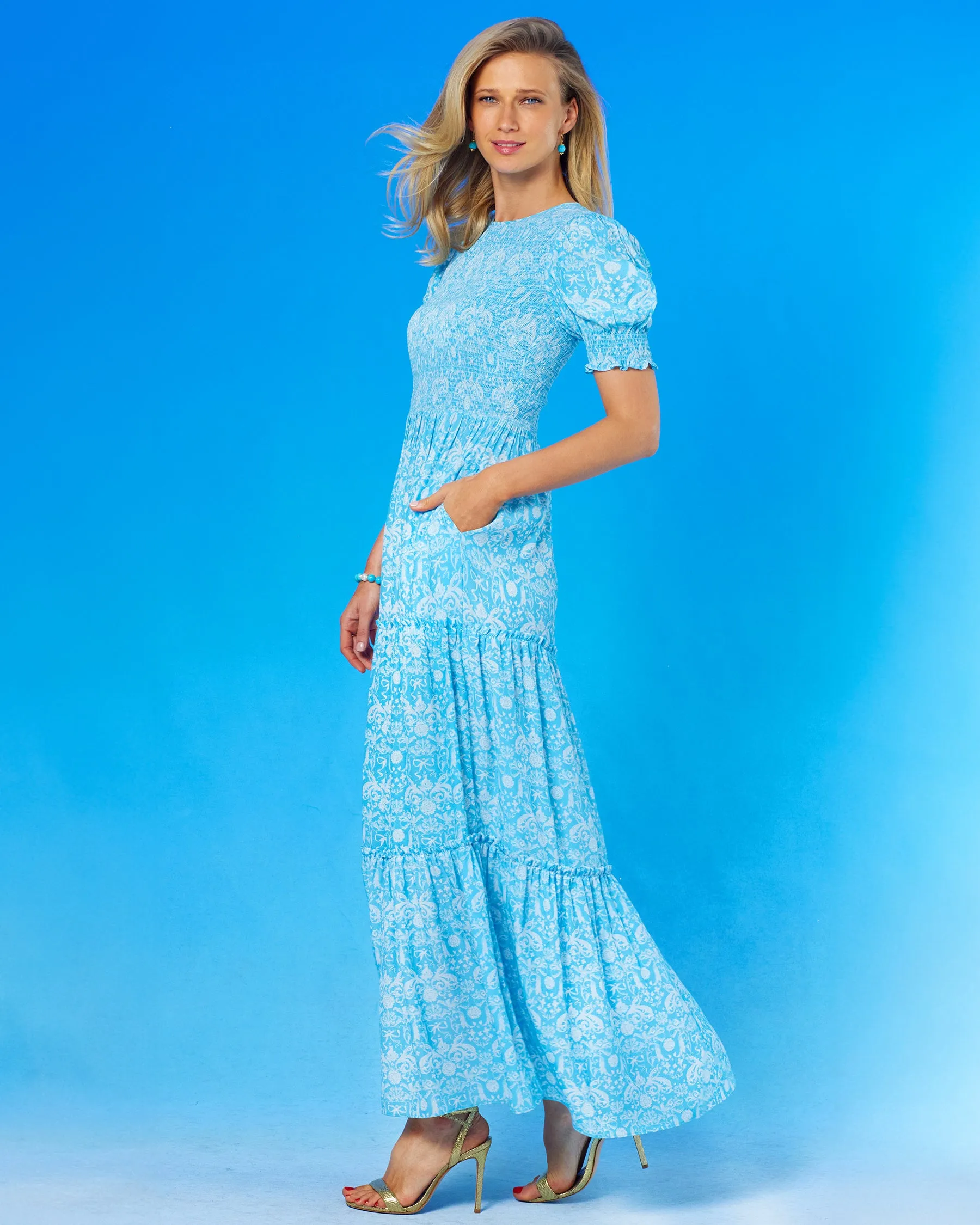 Kitty Puff Sleeve Maxi Dress in Regency Porcelain Ribbons