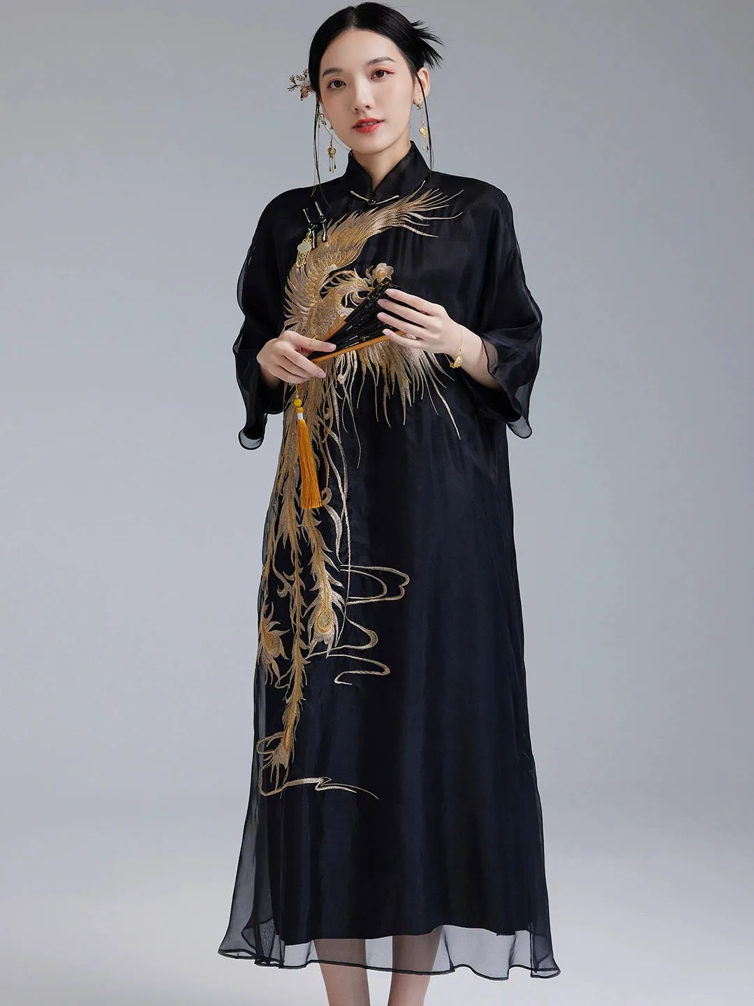 Loose Cheongsam Silk New Chinese Style Dress, Twilight